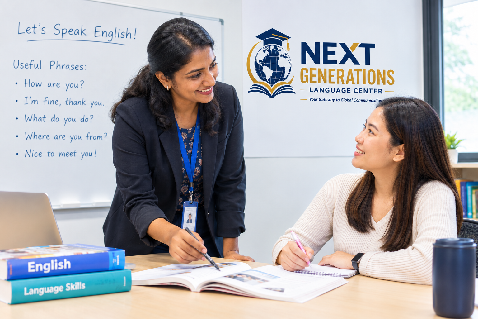 Teacher supporting a student during an English lesson at a language centre